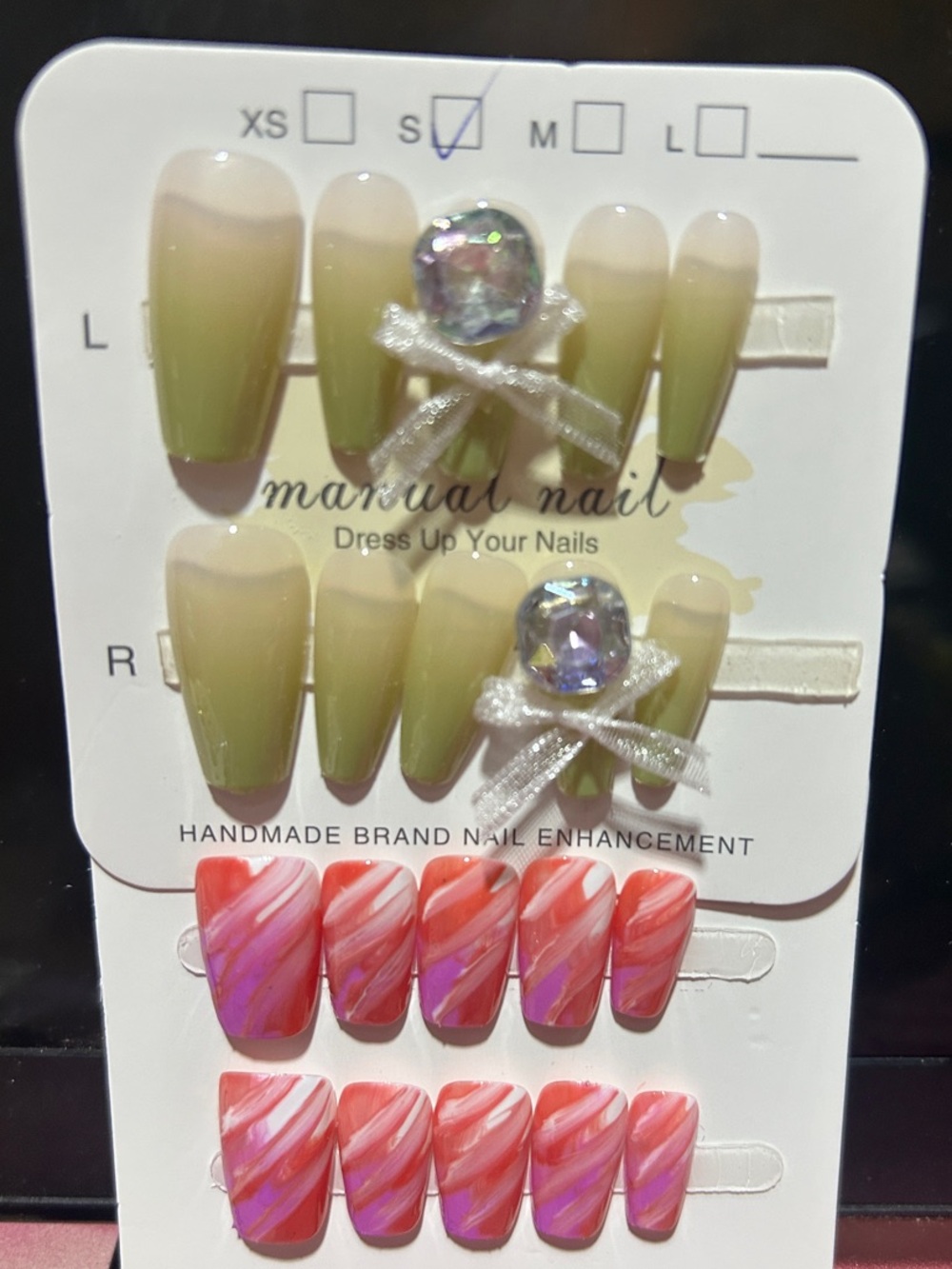 Neutral Almond Press-On Nails with Rhinestone Bows + Pink Swirl Set